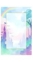 Watercolor fairy tale frame with castle, rainbow and magical forest in pastel colors for children book covers and fantasy designs.