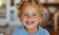 Joyful toddler with curly blonde hair and bright blue eyes laughing with genuine happiness, wearing light blue striped shirt against soft blurred home background.