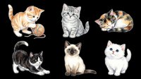 Six adorable kitten illustrations isolated on transparent background, ready for stickers, t-shirt design, print on demand, clipart, and sublimation projects.