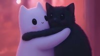 Adorable black and white cartoon cats hugging in a dreamy pink atmosphere, creating a heartwarming scene of friendship and affection.