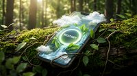 Smartphone with green restart button on moss-covered log in sunlit forest. Digital detox, technology reset, eco-friendly computing concept for environmental awareness campaigns.