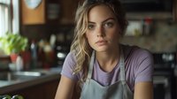 Young Caucasian female barista in purple t-shirt and gray apron looking thoughtfully away while standing in coffee shop interior with natural window lighting and blurred background.