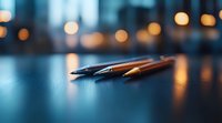 Writing tools on dark surface with soft bokeh lights creating atmospheric mood, shallow depth of field emphasizes pen and pencil details in warm evening glow.