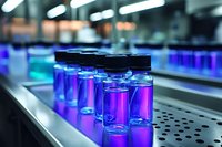 Laboratory glass vials with purple and blue liquid samples on metal conveyor belt in modern pharmaceutical manufacturing facility for research testing.