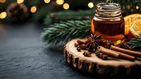 Honey jar with winter spices, cinnamon sticks, star anise on wooden slice with orange and pine branches against dark background with bokeh lights.