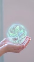 Cupped hands holding glowing green energy plant with leaves floating above palms representing growth, sustainability, environmental care and natural healing power.