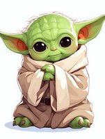 Cute green alien character in beige robe with large ears and big eyes, drawn in kawaii anime style. Isolated cartoon illustration on white background for stickers and merchandise.
