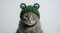 Adorable tabby cat wearing green knitted frog hat with googly eyes on white background. Cute pet costume for holidays and celebrations.