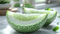 Fresh green melon slices with textured rind and juicy flesh on white marble surface in natural lighting, showcasing sweet tropical fruit for food photography.