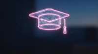 Neon glowing graduation cap symbol with pink and blue light effects on dark starry background, suitable for education, learning, and academic achievement concepts.