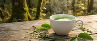 Steaming cup of green herbal tea on rustic wooden table with fresh leaves in sunlit forest setting for wellness and relaxation concepts.