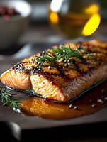 Grilled salmon fillet with honey glaze and fresh rosemary garnish on dark plate, selective focus on flaky fish texture with caramelized surface and herbs.