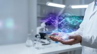 Healthcare professional displaying holographic digital data visualization with colorful wave patterns in modern medical laboratory setting.