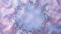 Delicate floral wreath with small purple flowers on soft pastel background creates elegant frame for wedding invitations and romantic designs.