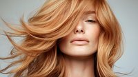 Young woman with flowing strawberry blonde hair against gray background, eyes closed with natural makeup, showing dynamic hair movement and glowing skin.