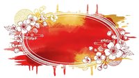 Red and yellow watercolor splash with decorative floral oval frame and ornamental elements for creative design projects and artistic backgrounds.