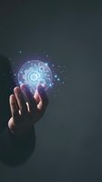 Hand holding glowing digital circuit board with artificial intelligence technology symbols, representing innovation, data processing, and futuristic computing solutions.