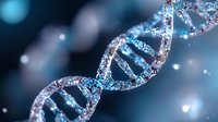 Sparkling DNA double helix structure with glowing particles and bokeh lights on dark blue background for medical and scientific presentations.