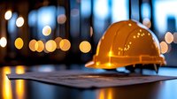 Yellow construction hard hat on architectural blueprints with blurred bokeh lights in background, representing building industry, engineering and workplace safety.