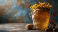 Glass honey jar with honeycomb pattern decorated with yellow wildflowers and wooden dipper on rustic wooden table against dark moody background. Natural organic sweetener.