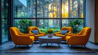 Modern office lounge with orange armchairs and coffee table by floor-to-ceiling windows overlooking garden at sunset for corporate interior design.