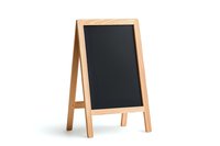 Empty wooden frame chalkboard stand with black surface isolated on white background, suitable for restaurant menu, retail display and educational purposes.