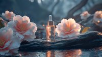 Glass dropper bottle with glowing serum among delicate pink roses on dark water surface, magical evening atmosphere with bokeh lights and reflections.