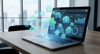 Modern laptop displaying real estate analytics dashboard with holographic house icons floating above screen in contemporary office workspace for property technology.