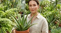 Young woman plant enthusiast holding potted aloe vera in greenhouse nursery. Female gardener with houseplant surrounded by green foliage and tropical plants.