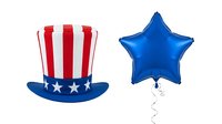 Patriotic top hat with red and white stripes, blue band and stars, paired with blue star balloon on white background. Isolated design elements for Fourth of July celebrations and American holiday decorations.