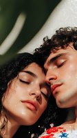 Young couple with dark curly hair and closed eyes posing closely together against green and white background with water droplets, expressing intimacy and tenderness for beauty, skincare, cosmetics and lifestyle campaigns.