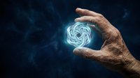 Elderly hand holding glowing blue energy sphere with swirling light patterns against dark cosmic background for technology and innovation concepts.