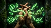 Two hands with brown skin releasing glowing green energy waves and leaf shapes, symbolizing natural power, healing, growth, and environmental connection against dark textured background.
