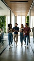 Diverse team of young professionals walking together in modern office corridor with wooden ceiling and large windows discussing business project.