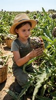 Young female farmer in straw hat harvesting fresh artichokes in organic vegetable field during sunny day for sustainable agriculture and farm-to-table food production.