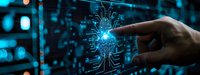 Human hand touching futuristic digital brain interface with glowing blue neural network connections against dark technology background.