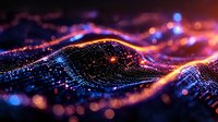 Glowing digital wave with particles and light effects in dark space, featuring vibrant blue and orange colors creating dynamic flowing motion pattern.