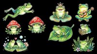 Cute green frogs collection isolated on transparent background. Includes jumping frog, mushroom frogs, crowned frog, musician frog, swimming frogs, treasure frog, leaf frog and plants. Ready for t-shirt design, clipart, stickers, sublimation and print-on-demand projects.