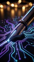 Futuristic fountain pen on glowing circuit board with neon lights creating digital writing concept for technology and creativity themes.