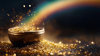 Magical pot with sparkling golden glitter and rainbow in dark background, mystical fantasy composition with glowing particles and bokeh effects.