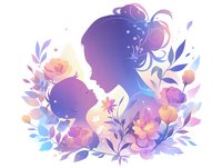 Silhouette of mother and child surrounded by delicate floral elements in soft purple and pink gradient colors, expressing tender family bond and motherly love.