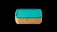 Wooden lunch box with turquoise lid isolated on transparent background, ready for clipart, print-on-demand, sublimation, t-shirt design, and sticker applications.