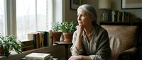 Senior woman with gray hair and light skin tone, wearing olive-green shirt, sitting thoughtfully by window in home office with plants and books, contemplative mood.