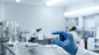 Scientist in blue latex glove holding blank white sample container in modern laboratory setting with blurred equipment and colleagues in background for research and development purposes.