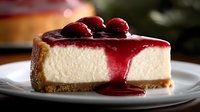 Slice of creamy cheesecake topped with fresh cranberry sauce and whole berries on white plate, graham cracker crust visible, dramatic side lighting creates appetizing mood.