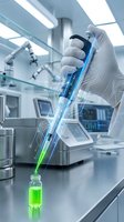 Scientist hand holding digital pipette with green liquid in modern laboratory for biotechnology research and pharmaceutical development.