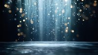 Magical light beams shine through darkness onto rippling water surface with floating glowing particles and bokeh effects creating mystical atmosphere.