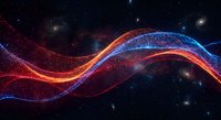 Cosmic energy waves flowing through deep space with glowing particle streams in red and blue colors against starfield background for digital art projects.