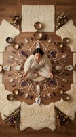 Young woman meditating in center of sacred crystal mandala with singing bowls and healing stones on wooden floor for spiritual wellness and energy work.