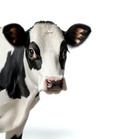 Close-up portrait of Holstein dairy cow head with black and white markings against white background, isolated cutout for agricultural and farming designs.